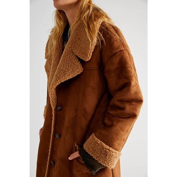 Free People NWT Diogo Toasted Almond Brown Sherpa Faux Suede Relaxed Fit Coat - Picture 5 of 11